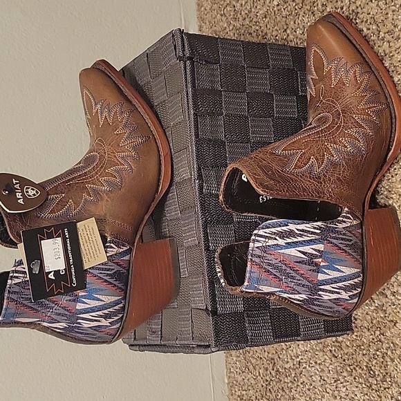 Ariat Women's Tan and Blue Patterned Ankle Booties - Picture 2 of 4